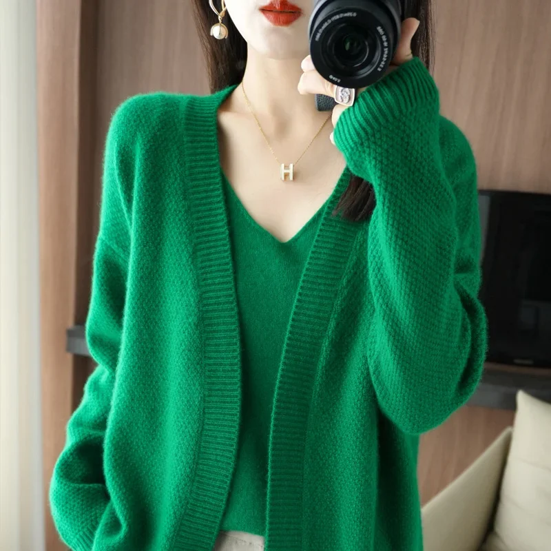 Autumn Ainter New Style V-neck 100% Pure Wool Cardigan Sweater Loose Casual Knitted Women\'s Long Sleeve Coat