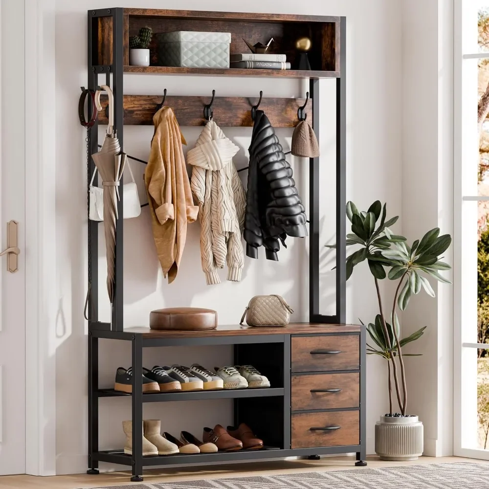 

Hall Tree with Bench and Shoe Storage, 31.5" Coat Rack Freestanding with 2-Tier Storage Shelf, 6-in-1 Entryway Bench Coat Rack