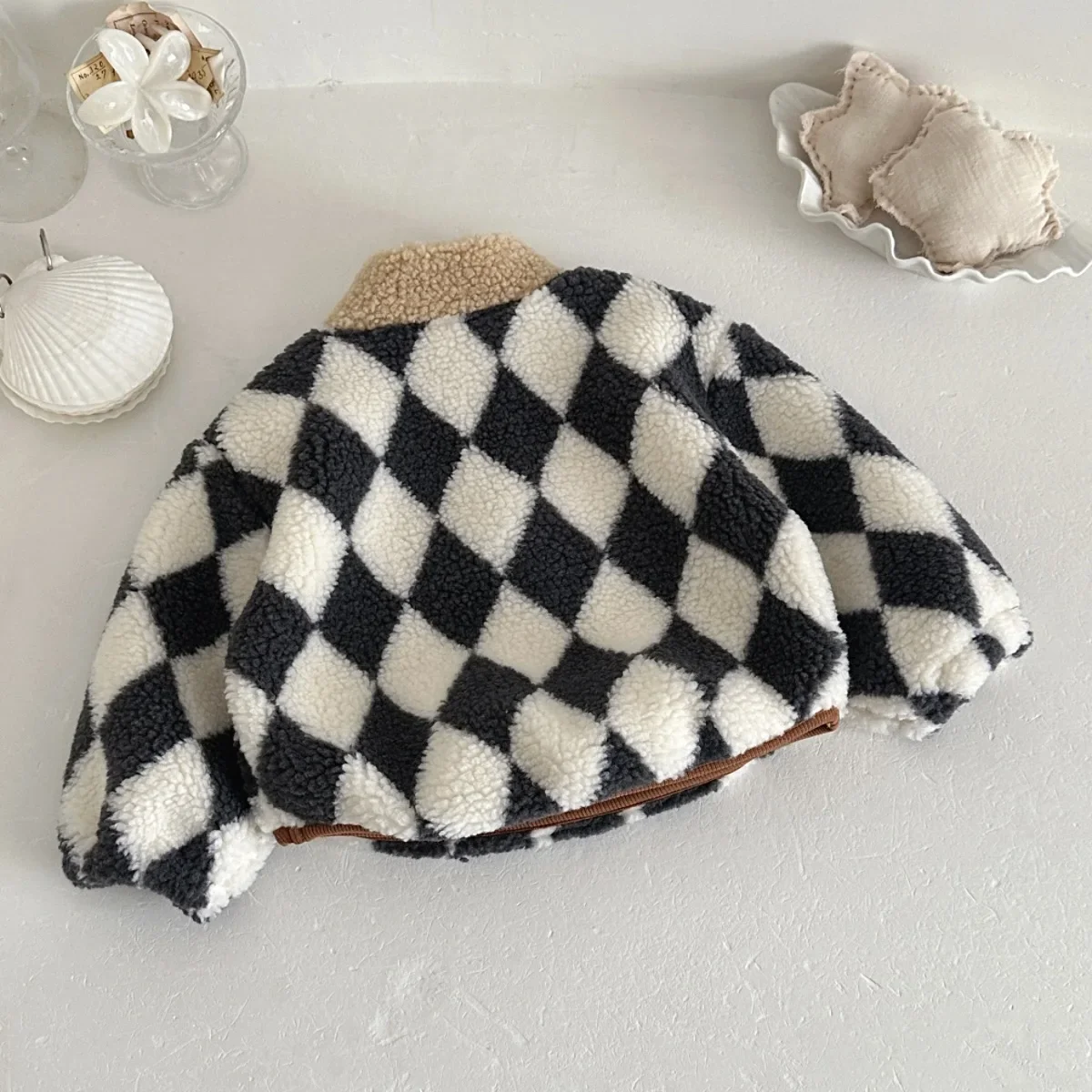 Baby Boys Girls Argyle Checkerboard Sherpa Fleece Top, Half Zipper Stand Collar Warm Lamb Fleece Kids Autumn Winter Coat