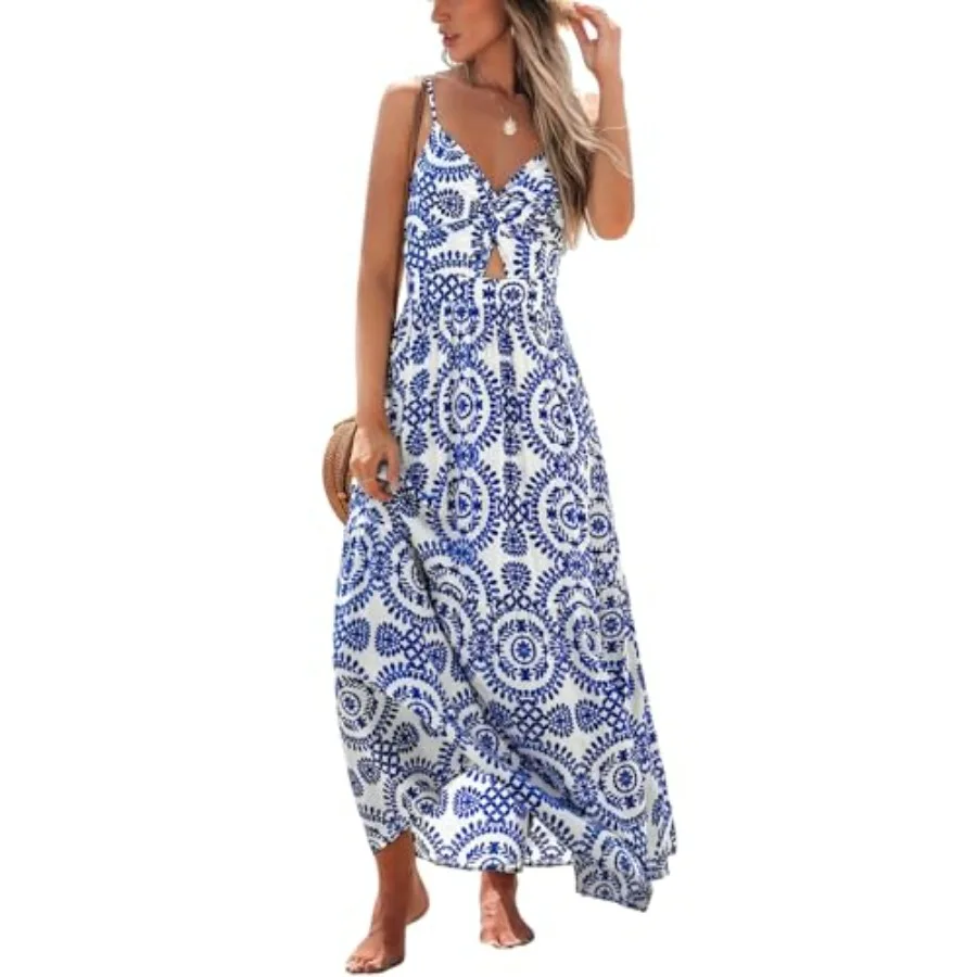 

CUPSHE Women's Maxi Dress Floral Print Twisted V Neck Sleeveless Long Dress Summer Casual Dress