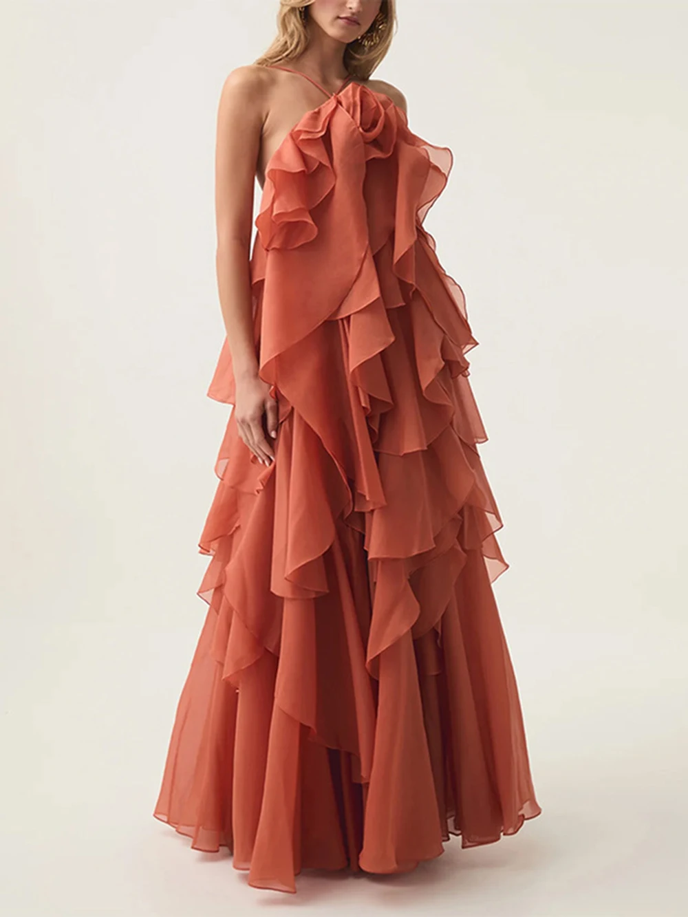 Modphy sexy multi camadas babados rendas vestido longo feminino flor sem costas sólido festa praia vestidos femininos 2025 verão senhora robe