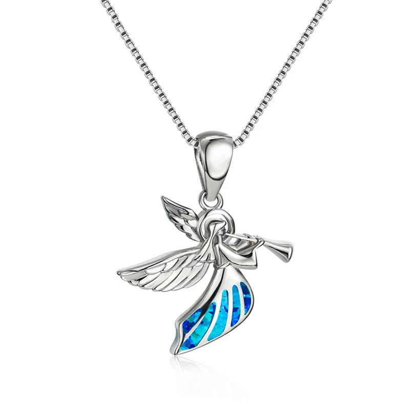 2024 Cute Women Elves Angel Pendant Necklace Anniversary Party Girl Gift Fashion Imitation Blue Fire Opal Necklace for Women