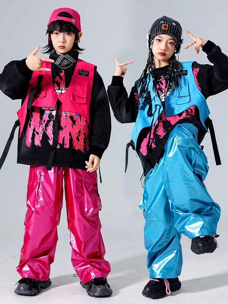 ใหม่สีชมพู Hip Hop Dance เครื่องแต่งกายเสื้อกั๊กกางเกงหลวม Street สวมใส่หญิงแจ๊สเสื้อผ้าชุดเวที BL14361