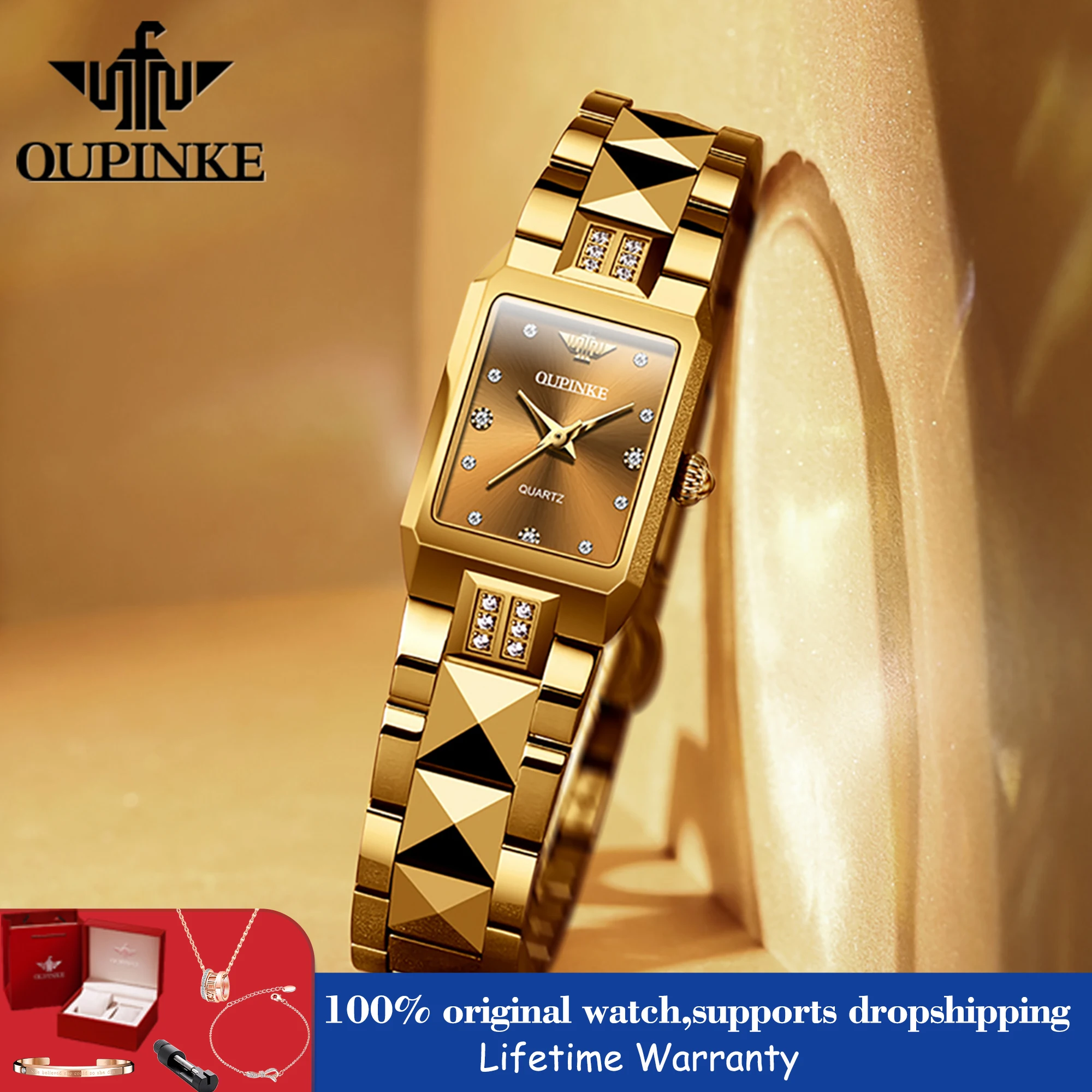 OUPINKE Women's Watches 50M Waterproof Gold Square Quartz Watch For Women Top Brand Original Luxury Ladies Clock Gifts Box 3246