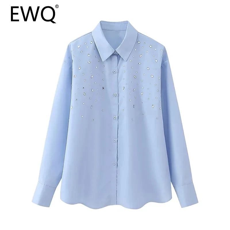 

EWQ Casual Diamond Spliced Shirt For Women Fashion Lapel Collar Long Sleeve Solid Color Versatile Top Clothing 2024 New 27X557