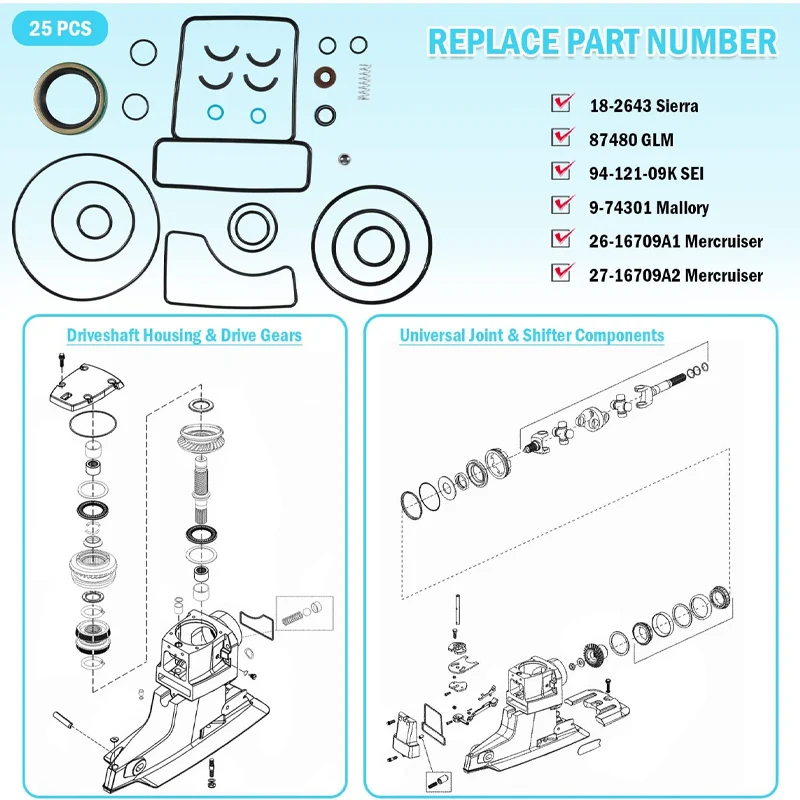 Kit de sello superior para Mercruiser Bravo I II y III Reemplazar 26-16709A2 y 18-2643