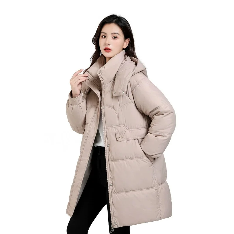 Autumn Winter Down and Cotton Jackets for Women Mid To Long Standing Collars Detachable Hats Thick Bread Warm Winter Coats Top