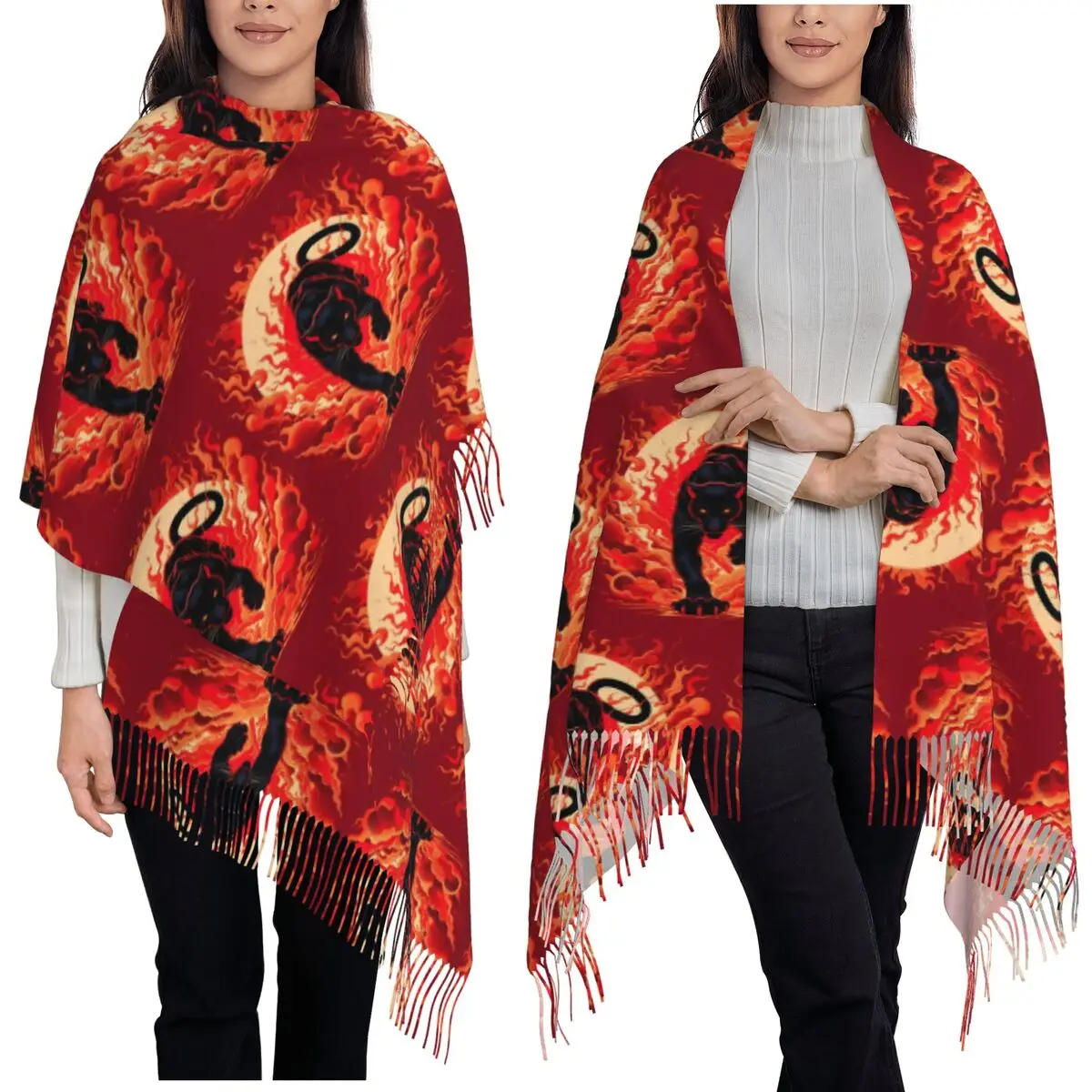 Black Panther Leopard Walking From Flame Scarf Tassel Scarves Women Soft Warm Shawls and Wraps Large Fall Winter Shawl Wrap