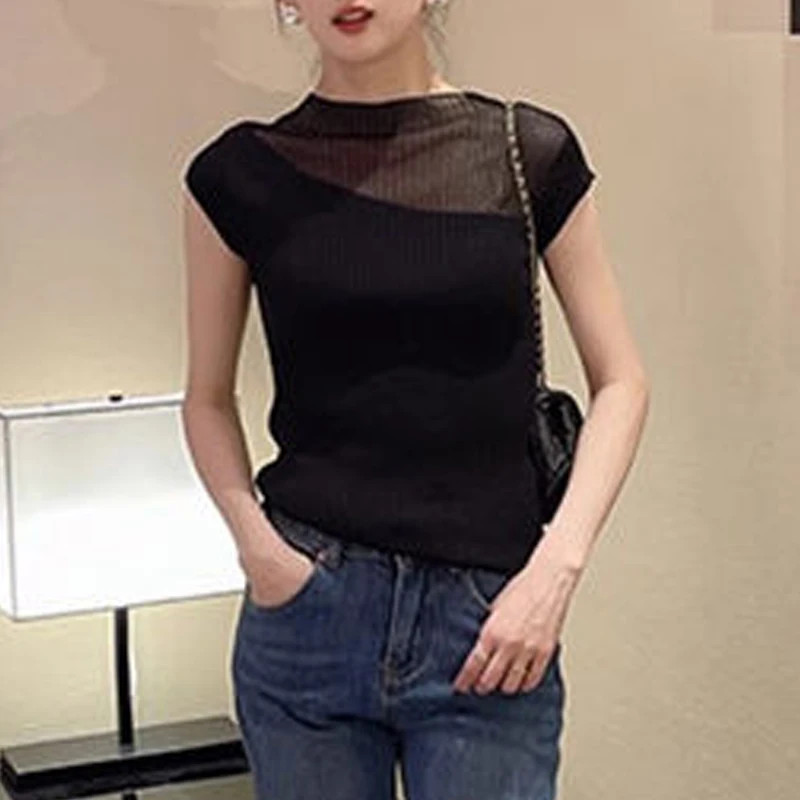 Women Clothing 2024 Summer Sexy Sheer Patchwork Elegant Ribbed Knitted T-shirt Office Lady Korean Black Slim Basic Pullover Tops