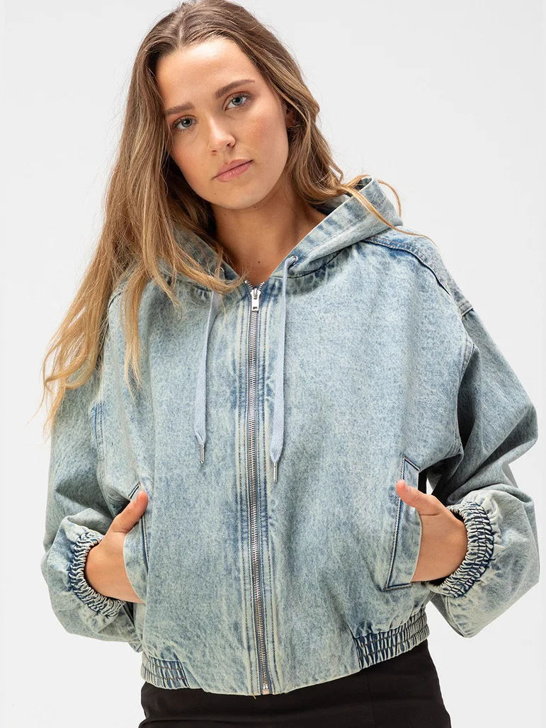 

Faionable Повседневная женская джинсовая куртка с капюшоном, хлопковая верхняя одежда, женская свободная посадка oulder Sve Design Long Sve