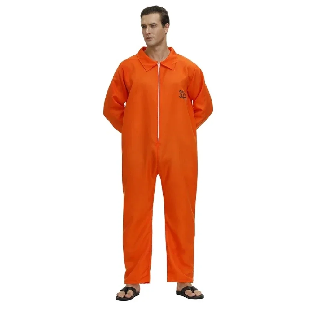 Prisoner Costume Men Jail Criminal Dress Up Escaped Prisoner Jumpsuit Adult Prison Inmate Halloween Cosplay Costumes Orange