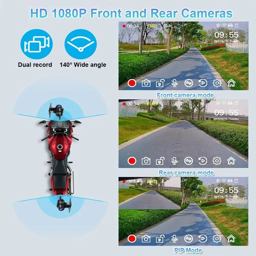 كاميرا Carplay اللاسلكية ونظام Android Auto للدراجات النارية مع 5 شاشات تعمل باللمس، كاميرا أمامية وخلفية HD1080P، WiFi، Bluetooth، GPS #3