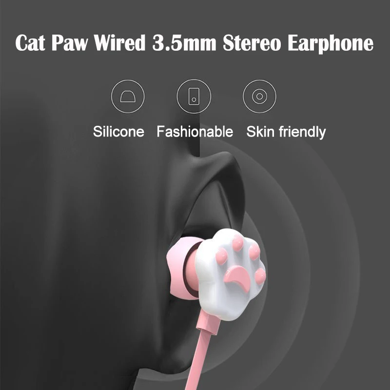 Cat Paw Earbuds Stereo 3.5mm In-Ear Headphones with Mic Earpiece Fashion Sports Wired Headset for Smartphone MP3 iPad PC Music