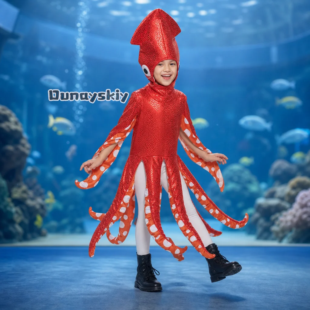 

‌‌Squid Cosplay Costume Adorable Sea Creature Cos Pajama Onesie Girls Boys Halloween Carnival Party School Stage Performance‌