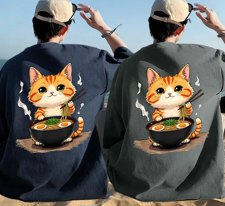 

Kitten Who Likes To Eat Lamian Noodles Print Summer Cotton Comfortable T Shirt Sets Man Basics All-Match Short Sleeve Loose Top