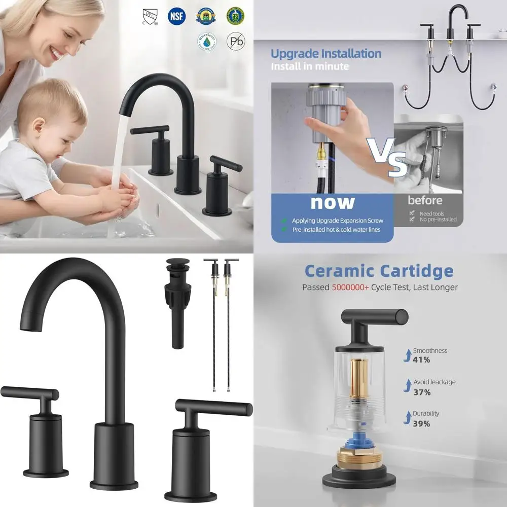 

Матовый черный широко распространенный смеситель для раковины в ванной комнате с 3 отверстиями и 360° ° Поворотный носик, 2 ручки, простая установка, 8 носиков, в комплект входят шланги и драпировки.