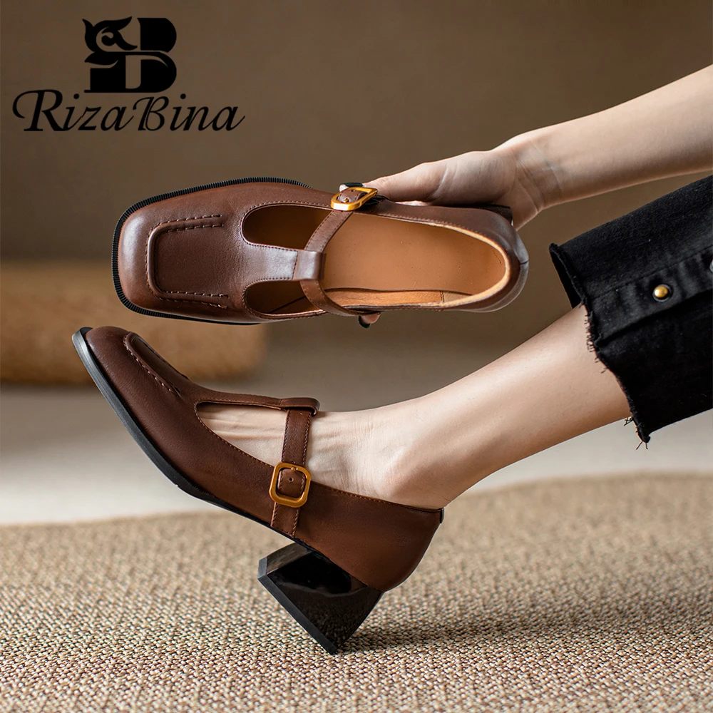 

RIZABINA Women Pumps Real Leather Square Toe T-strap Chunky Heel Loafers Lady Spring Autumn Retro Buckle Strap Mary Jane Shoes