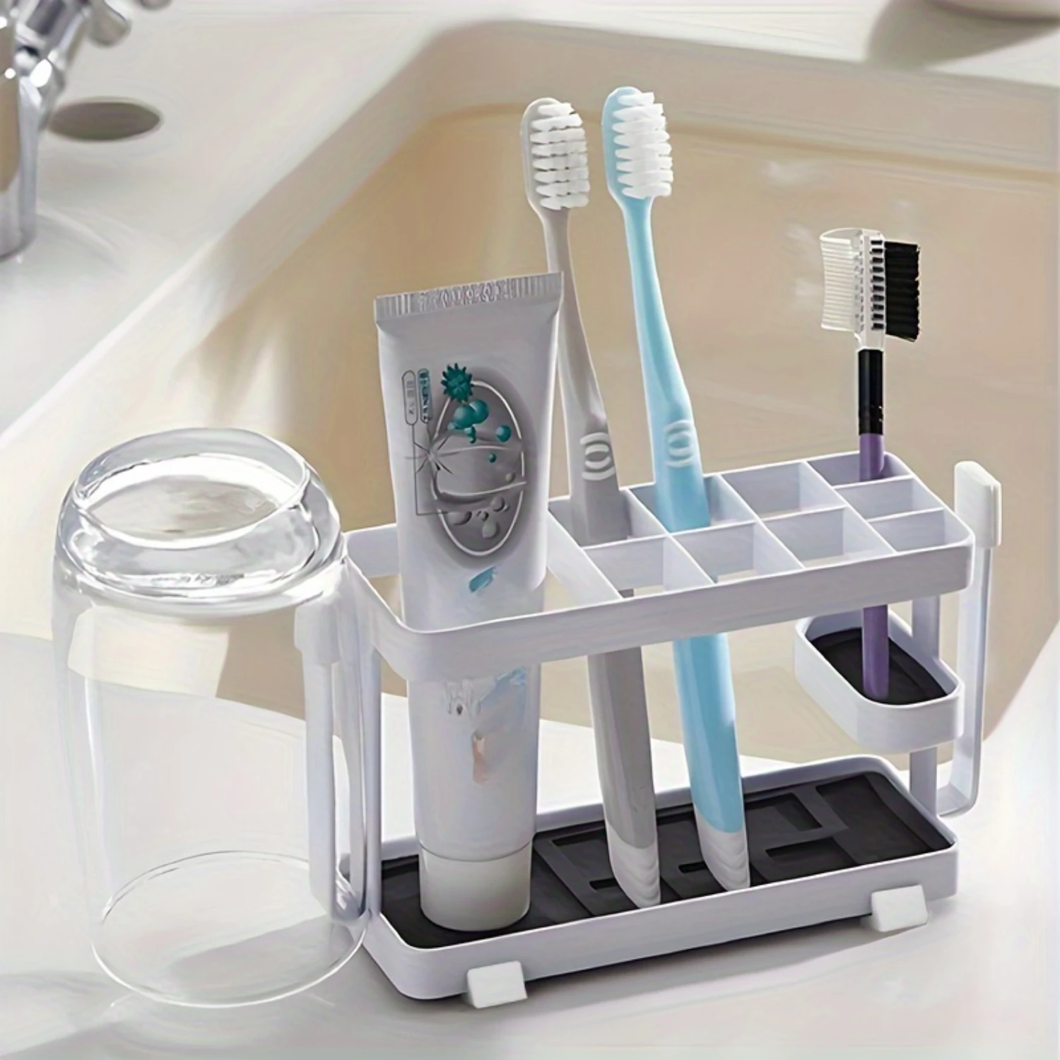Countertop Toothbrush Holder with Bathroom Organizer Rack - Space-Saving, Easy to Clean Washroom Storage for Toothpaste & Cups (