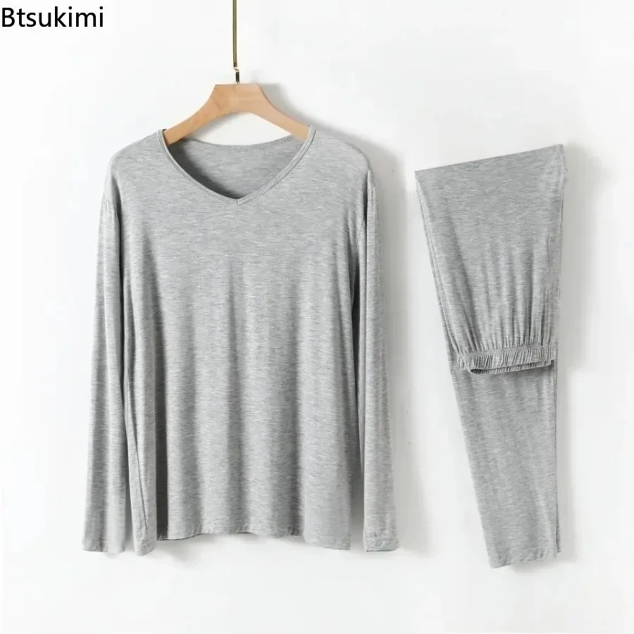 جديد 2025 ملابس منزلية مشروط للرجال بيجامات على شكل حرف v وأكمام طويلة أطقم سراويل ثنيات ناعمة مرنة مريحة ملابس نوم للرجال #4