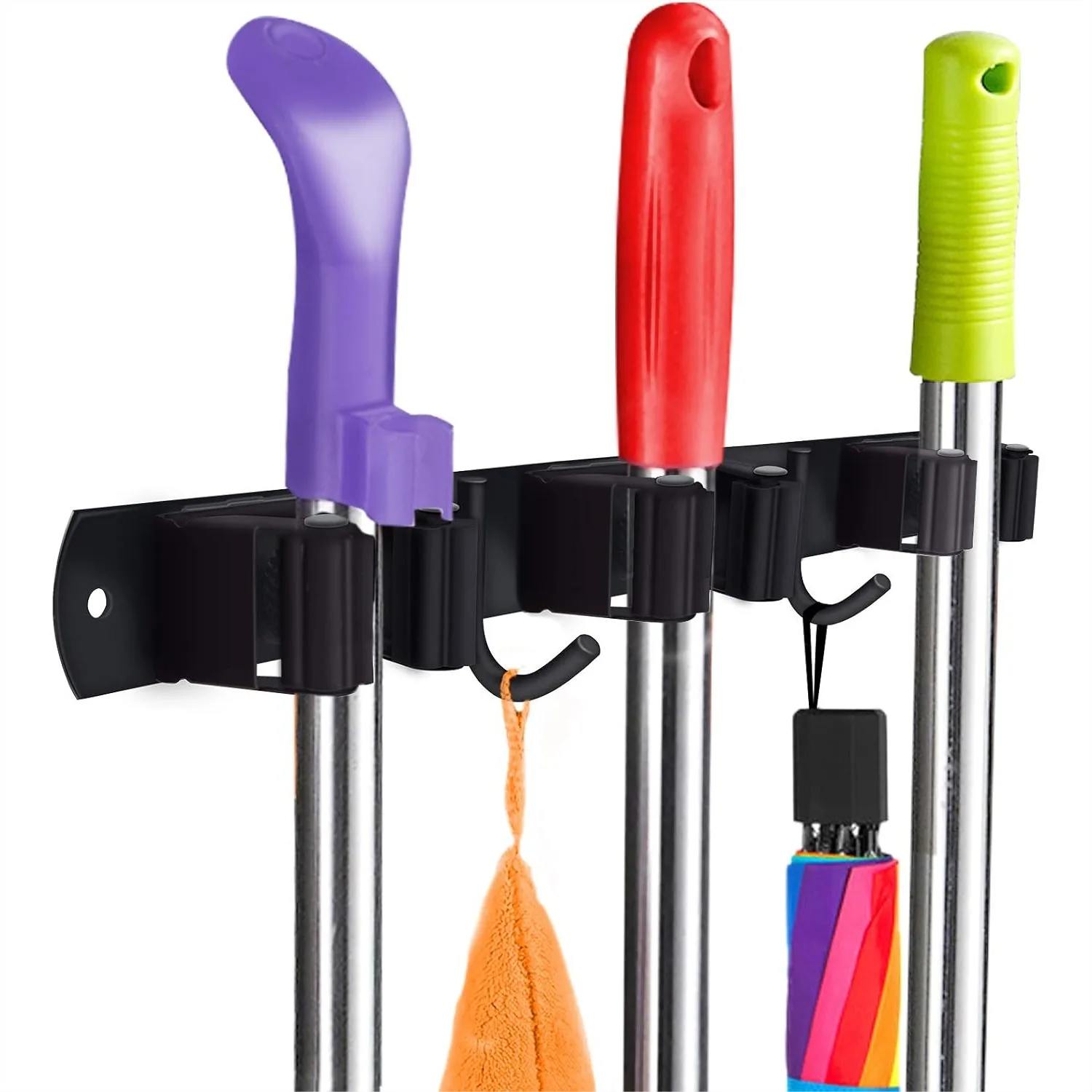

Heavy-Duty Stainless Steel Broom Holder, Wall Mount, Adjustable, 3 Racks, 2 Hooks, Space-Saving