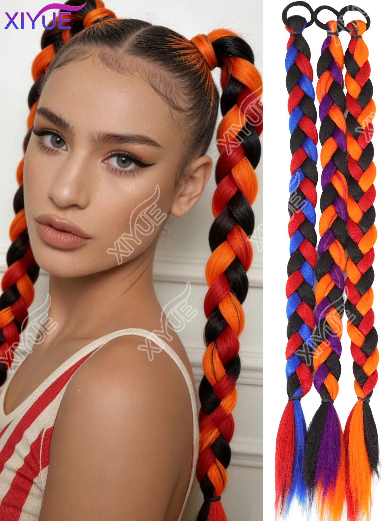Braiding Ponytail Hair Extensions Synthetic Long Wrap Around Braided Horse Tail colorful color blocking BraidPonytail for Women