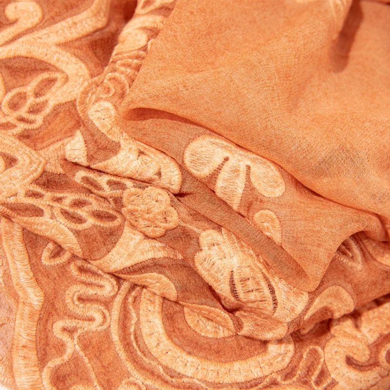 100% Maulbeerseide Damen Langarmbluse Orange Stickerei Seide Dünn Transparent Rundhals Shirt Top Pullover Sommer QQ015