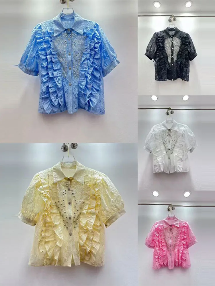 Fungus edge splicing design cavo industria pesante perline per unghie intarsiate con diamanti con paillettes risvolto camicia corta monopetto in pizzo