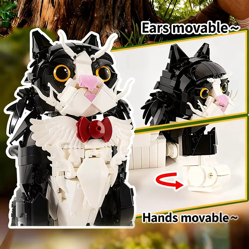 Kit de bloques de construcción de gato esmoquin de girasol MOC, 1434 Uds., flor blanca y negra, gato, modelo Animal, juegos de ladrillos, juguetes DIY para niños, regalos