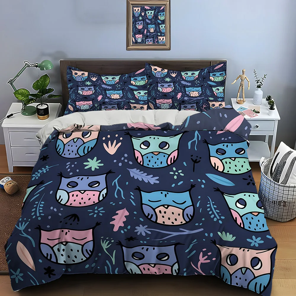 Cartoon owls and leaf background Pattern Duvet Cover Set Digital Print Polyester Bedding with Zipper Closur for kids gifts