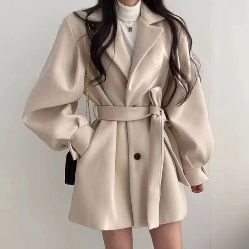 

Vintage Woolen Coat Women Autumn Winter Lantern Sleeve Lapel Coat Female Korean Fashion Elegant Bandage Hepburn Style Overcoat