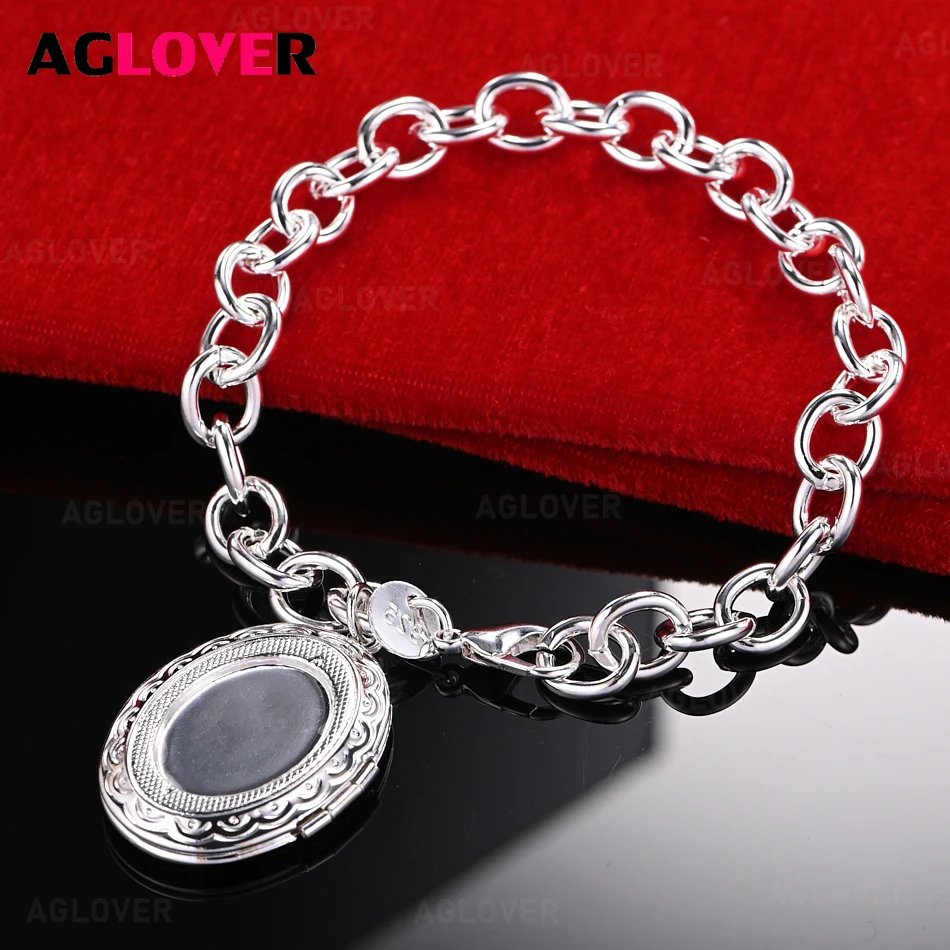 

AGLOVER 925 Sterling Silver Oval Box Double Open Pendant Bracelet Woman Charm Fashion Wedding Jewelry