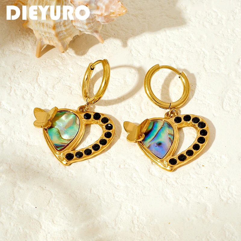 DIEYURO Stainless Steel Abalone Shell Heart Butterfly Hoop Earrings for Women Black Crystal Inlaid Drop Earrings Jewelry Gift