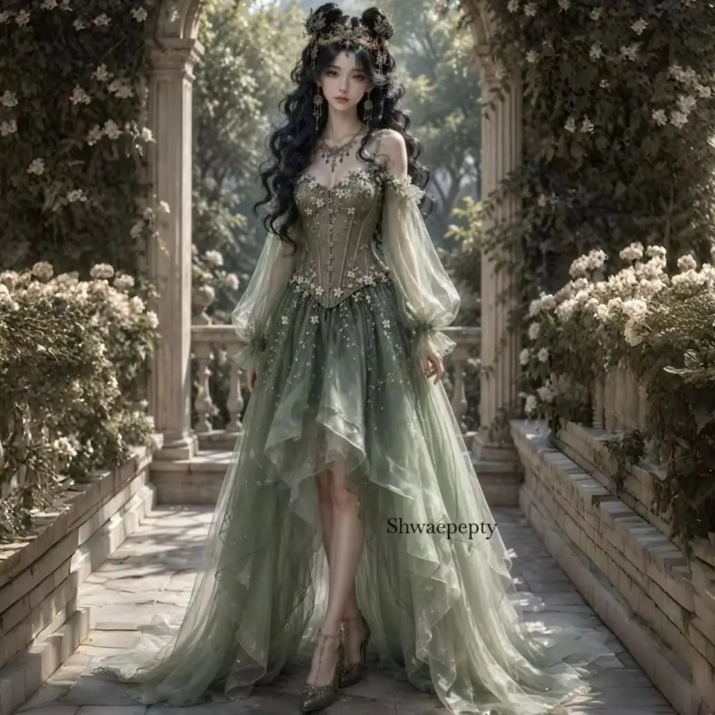 Sage Green Forset Fairy Wedding Dress Spaghetti Strap Bubble Sheer Sleeve 3D White Flower High Low Bridal Gown Customized