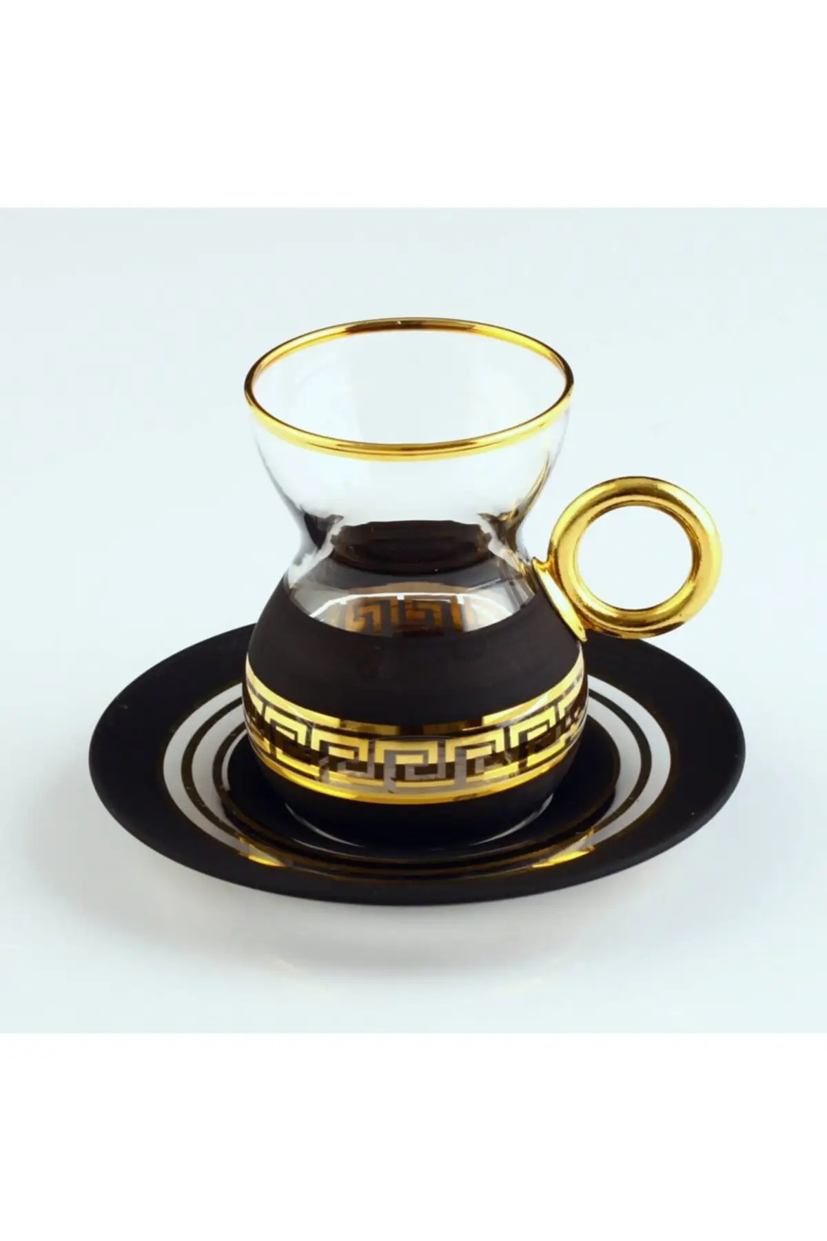 DOLBOVI 12 Parça Handle Tea Kit-Antique Gold Black English Tea Glass Cup