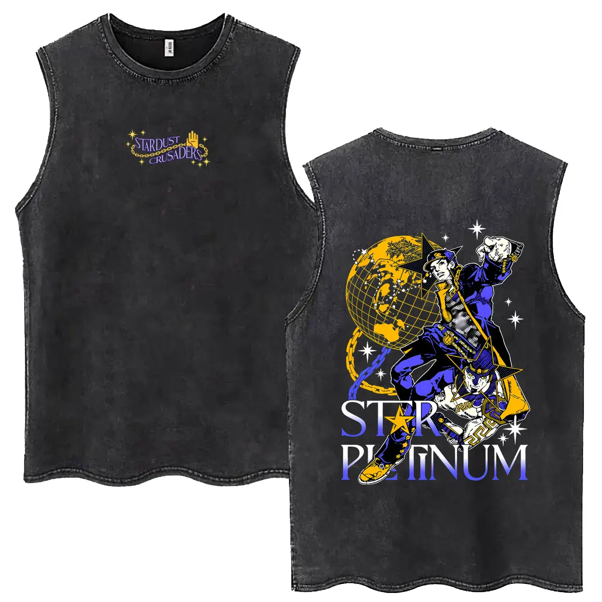 Hot Sale Anime Jojo Bizarre Adventure Washed Sleeveless Vest T-shirt Manga Jotaro Kujo Tank Tops Men Women Fashion Streetwear