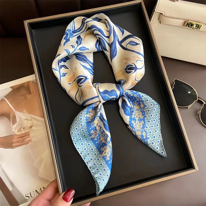 

Blue Floral Silk Square Scarf for Women, Elegant Printed Satin Neckerchief, Luxury Headscarf Bandana for Hair, Neck & Bag, Versatile Accessory Gift for Office & Casual Wear