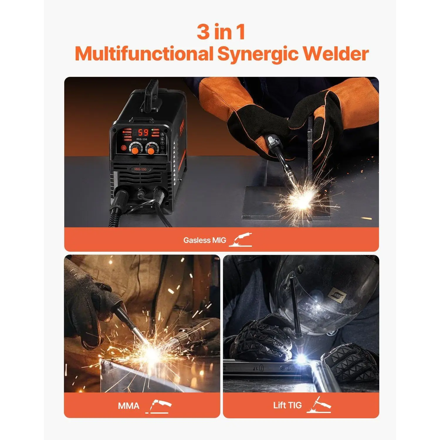 130A 3-in-1 Flux Core MIG/Stick/Lift TIG Welder Welding Machine up to 8mm Thickness 2.2 Lbs Stable Arc Model D0100XU6DAU