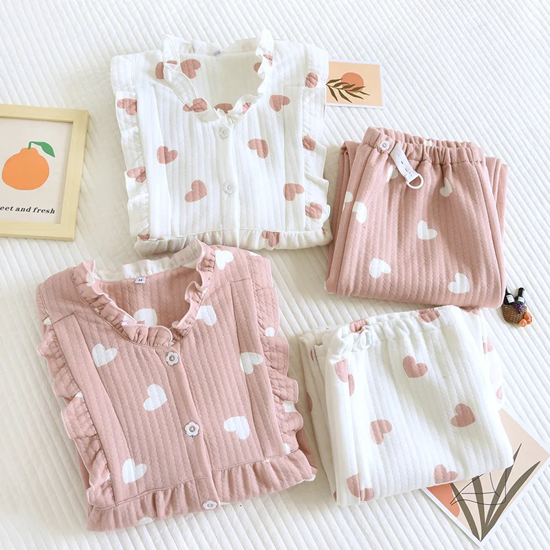 Fdfklak Pure Cotton Nursing Pajama Set Autumn Winter Thicken Maternity Sleepwear Pink/White Love Print Breastfeeding Clothes