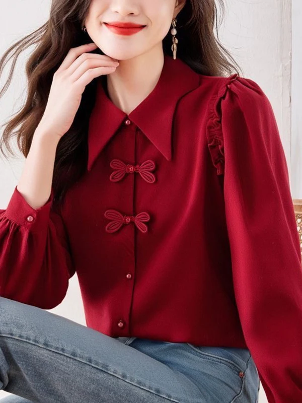 

Spring Autumn New Style Women's Long Sleeve Shirt Knot Wooden New Chinese Style Button Fashionable Top Small S...