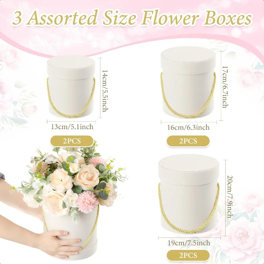 6 Pcs Veet Round Flower Box with Lids Veet Nesting Gifts Box with Handle for Wedding Holiday Luxury Flower Gift Arrangement Bri