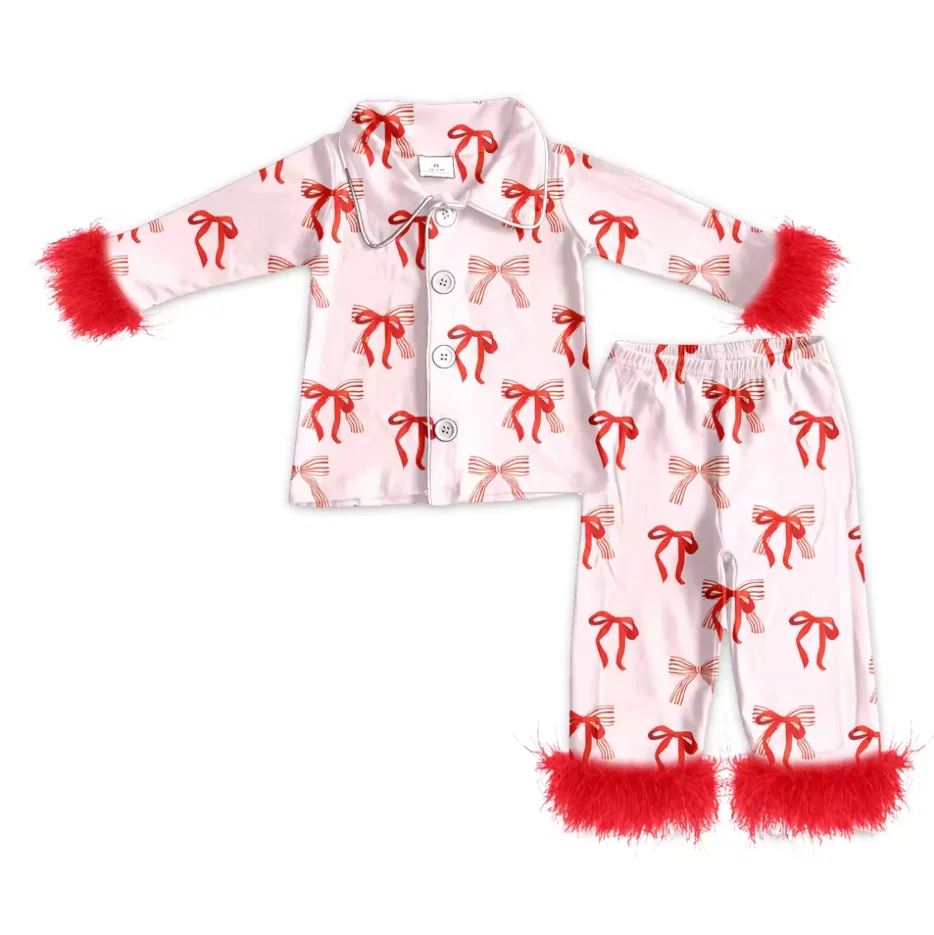 

Wholesale Christmas Clothing Pink Bow Pyjamas Fluffy Ruffles Long Sleeves Kids Pajamas Boutique Girls Santa Claus Sleepwear