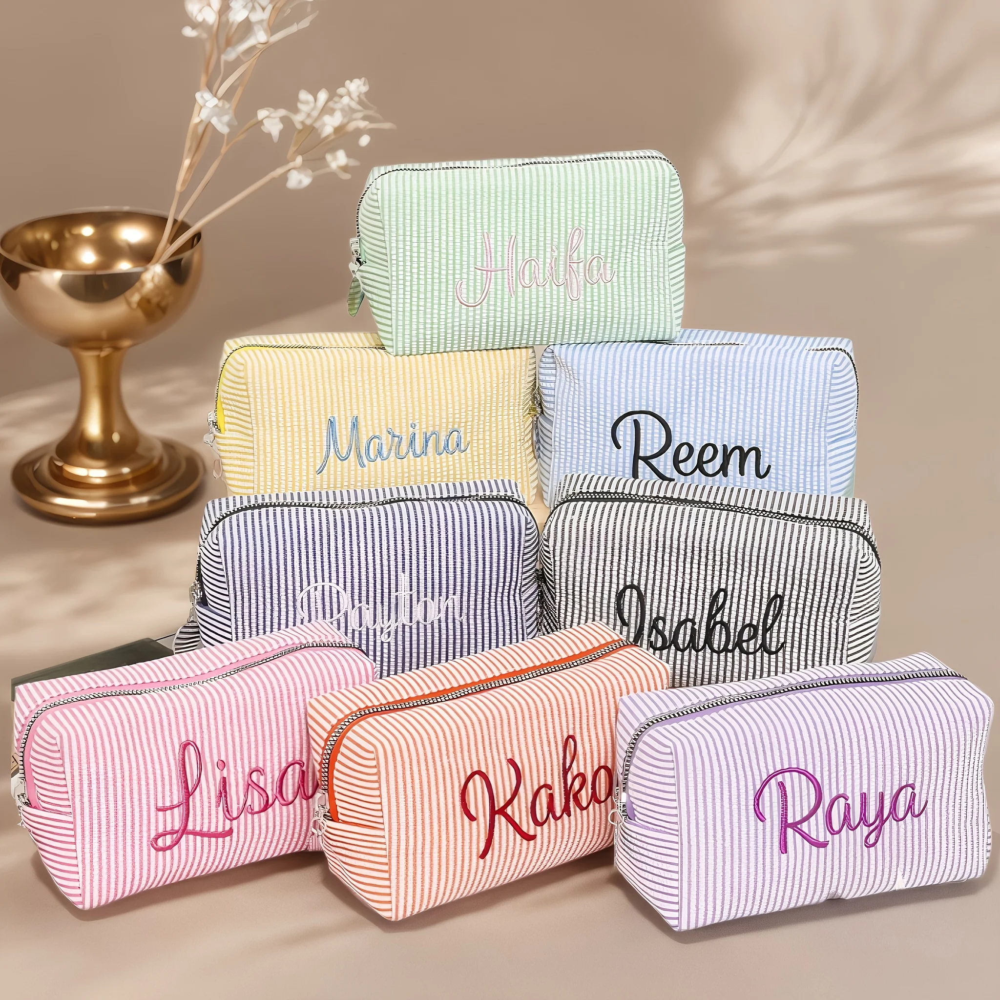 Embroidered Name Seersucker Makeup Bag Custom Cosmetic Toiletry Pouch Personalized Bridesmaid Gift for Wedding Travel Storage