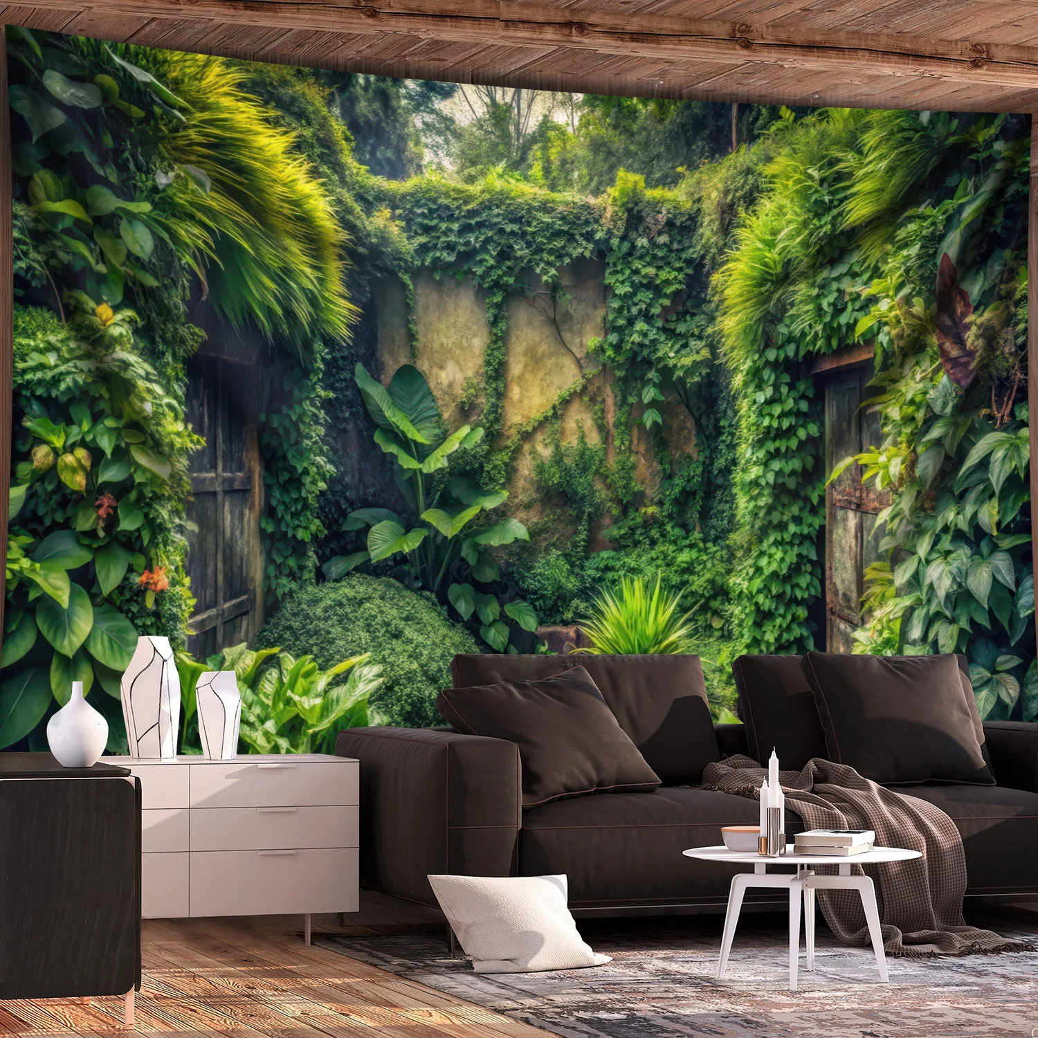 Enchanted Garden Oasis Wall Tapestry for Living Room Decor, Featuring a Lush and Vibrant Jungle Scene with Verdant Foliage
