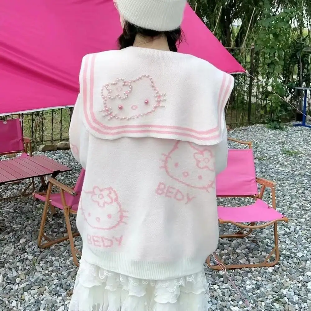 

Anime Women Cartoon Cardigan Sweater Kawaii Hello Kitty Sanrio Spring Knitting Tops Cute Sweet Girl Student Leisure Loose Soft
