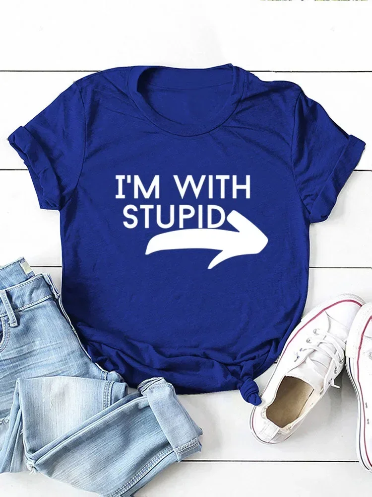 2024 I'm with Stupid Arrow Print Women T Shirt Short Sleeve O Neck Loose Women Tshirt Ladies Tee Shirt Tops Camisetas Mujer