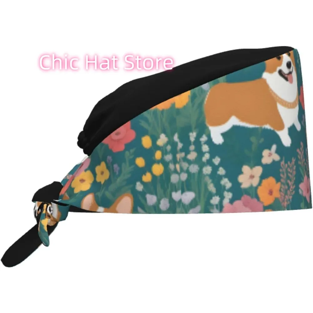 

Breathable Work Hat Corgi Floral Flowers Spring Garden Printing for Chef, Nursing, Spa, Facial Care, Fitness Black