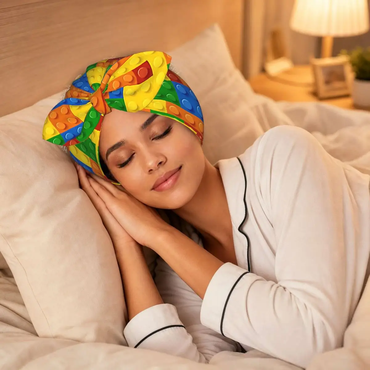 Building Blocks Construction Brick Sleep Bonnet Double Layer with Adjustable Bow, Reversible Hair Cap for Curly Braids Hair
