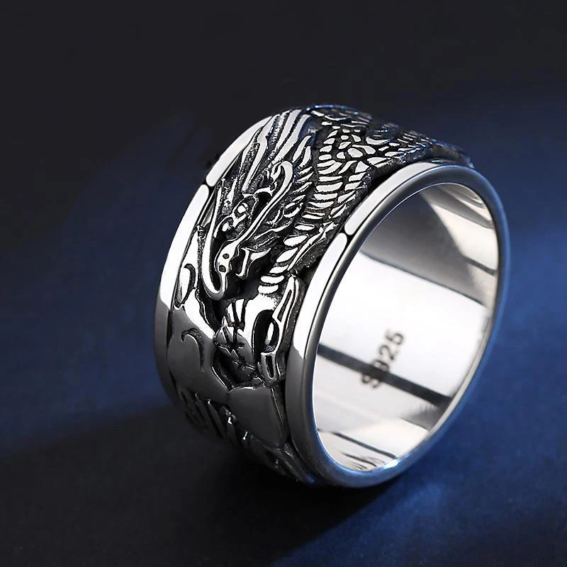 Original design Thai silver carved dragon men\'s ring retro domineering rotatable business style light luxury jewelry