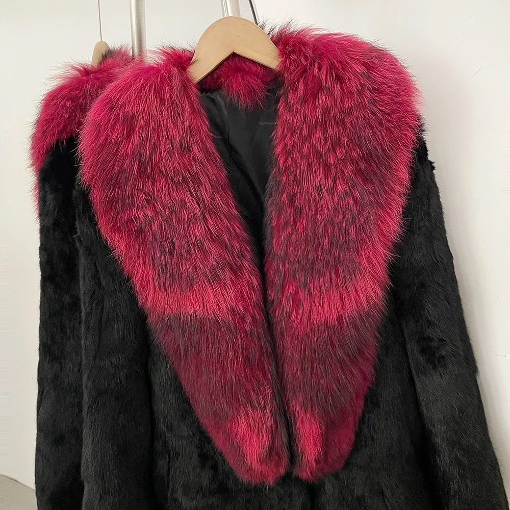 OFTBUY Neue Luxuriöse Vollpelz-Winterkleidung Damenjacke Mittellang Echter Kaninchenfellmantel mit Echtfuchsfellkragen – Detail 4