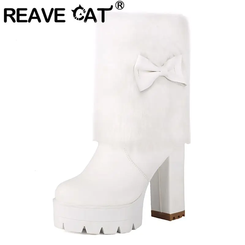

REAVE CAT 2025 Cute Women Mid-Calf Boots Round Toe Winter Heels 11cm Thick 3.5cm Zip Plus Size 49 50 Dating Footwear